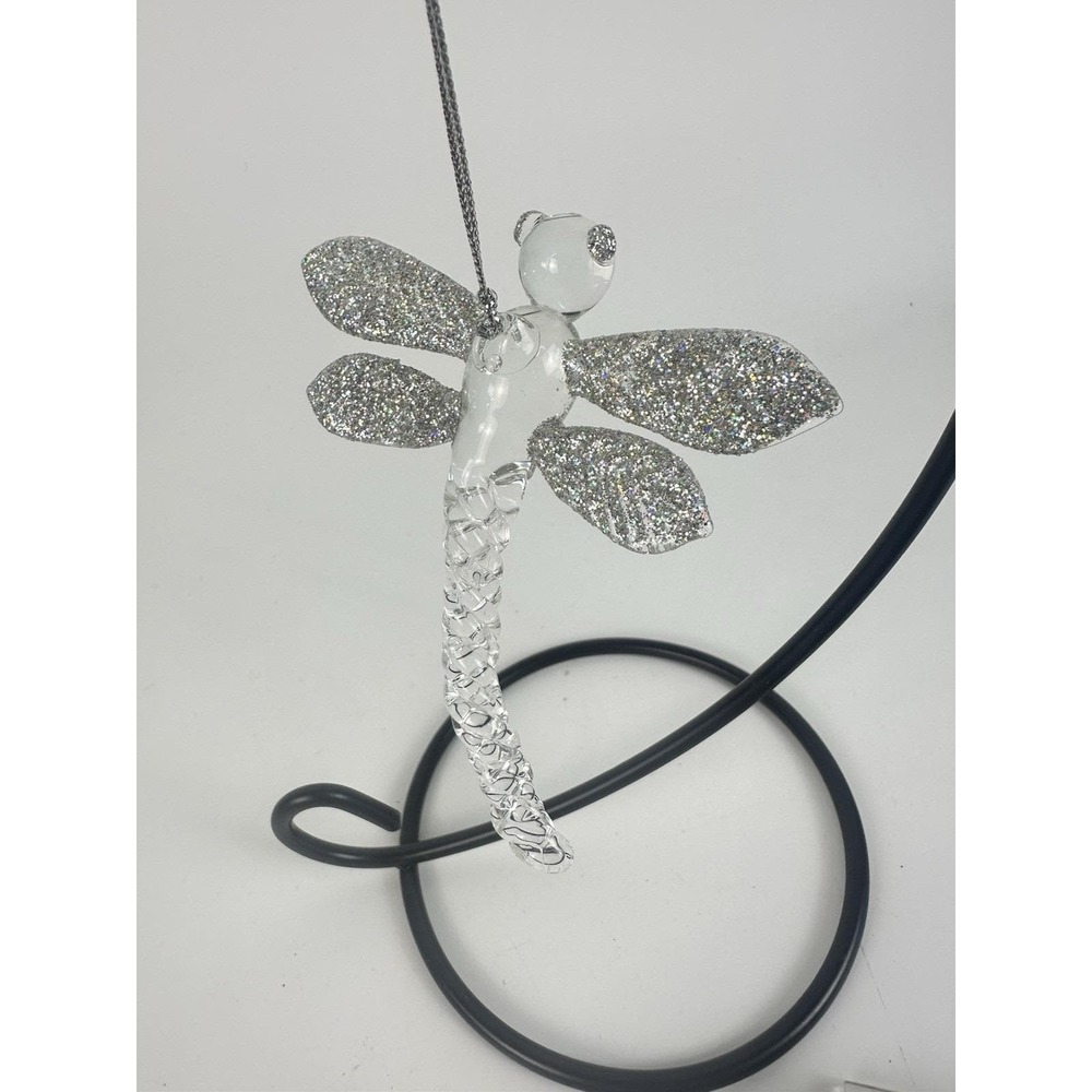 Vintage Unique Treasure Hand Spun Glass Dragonfly Ornament Silver Glitter Box